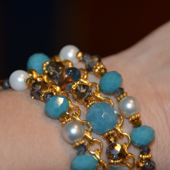 RARE VINTAGE JOSE & MARIA BARRERA TURQUOISE CRYSTAL PEARL GOLD STRAND BRACELET - Picture 10 of 11